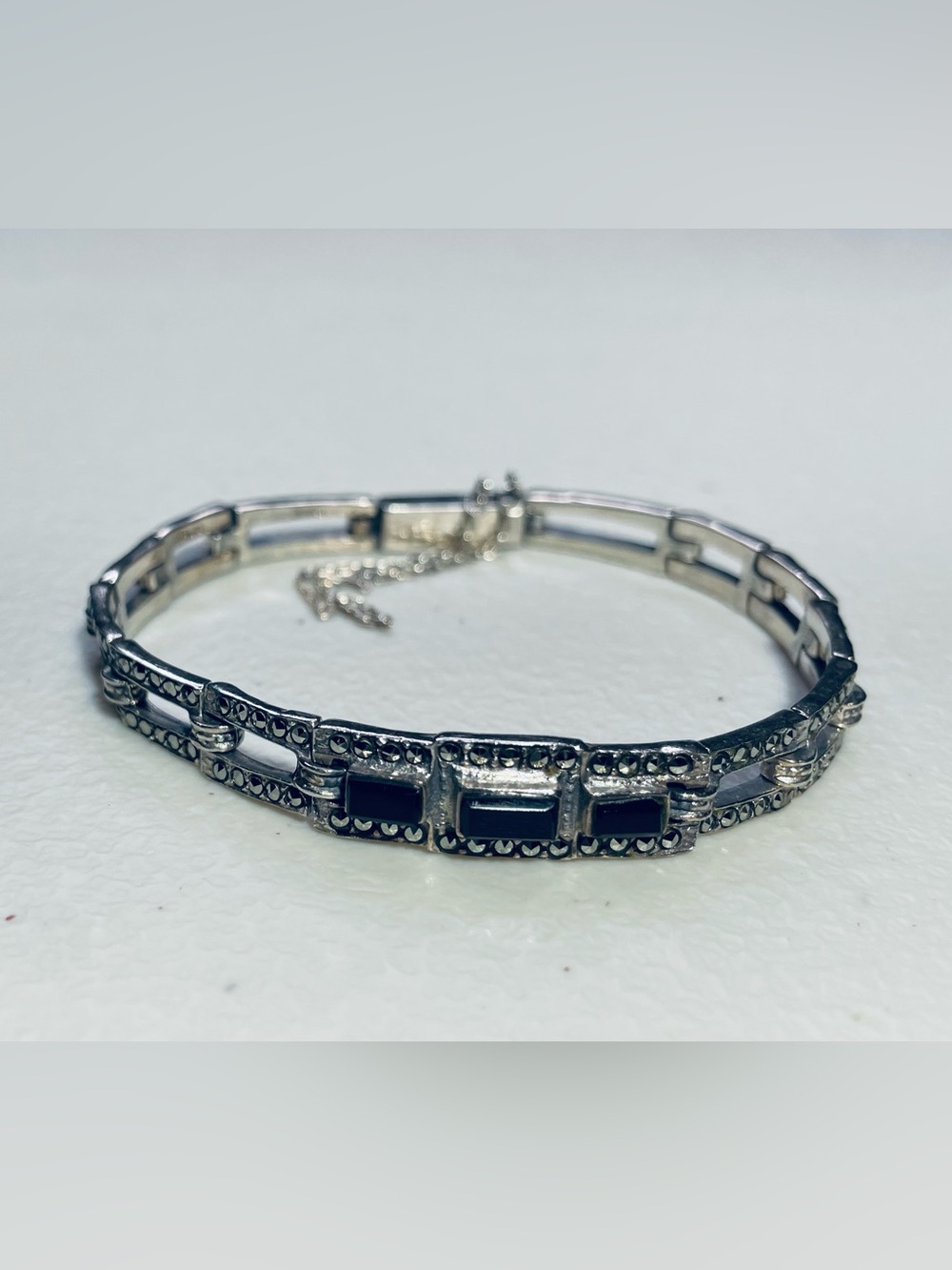 925 Silver Black Marcasite Chain Bracelet Art Deco Panel link GUC Two-tone